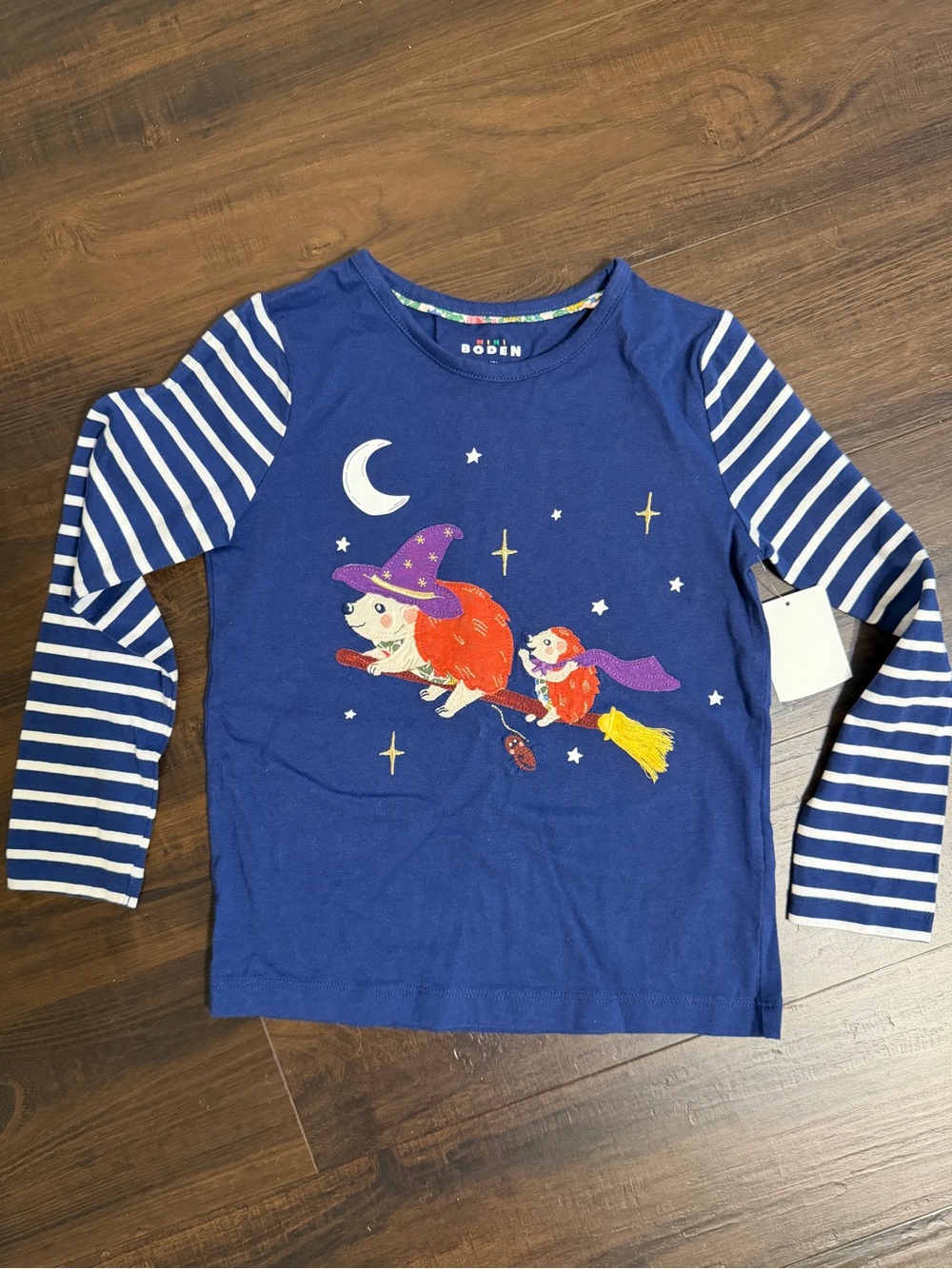 Mini Boden Girls 6-7 Halloween Witch Hedgehog Appliqué Striped Shirt Top